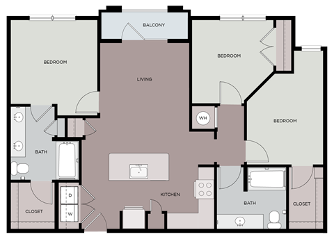 Floor plan for 3 beds, 2 baths, 1135 sqft